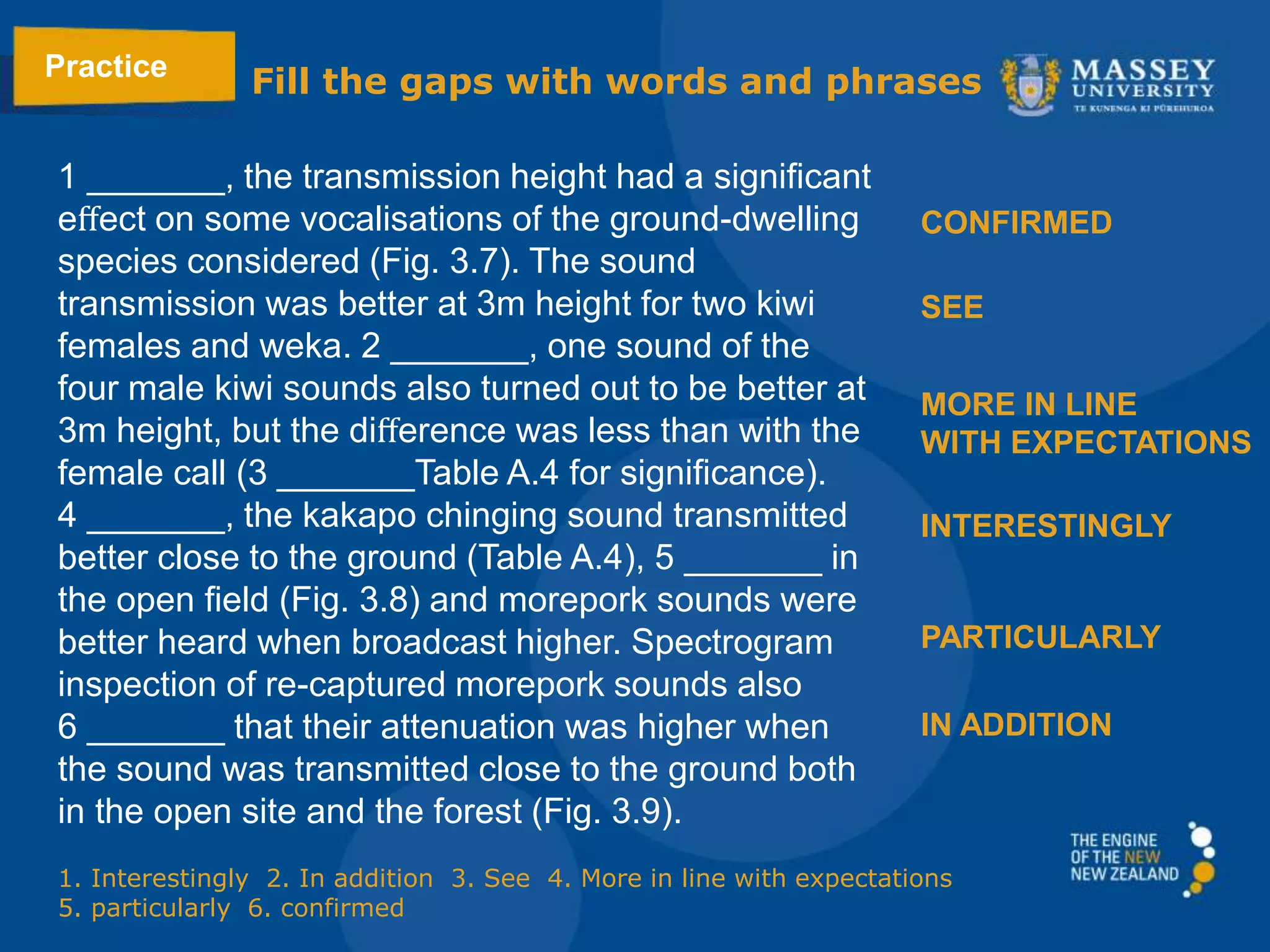 1 _______, the transmission height had a signiﬁcant
eﬀect on some vocalisations of the ground-dwelling
species considered (Fig. 3.7). The sound
transmission was better at 3m height for two kiwi
females and weka. 2 _______, one sound of the
four male kiwi sounds also turned out to be better at
3m height, but the diﬀerence was less than with the
female call (3 _______Table A.4 for signiﬁcance).
4 _______, the kakapo chinging sound transmitted
better close to the ground (Table A.4), 5 _______ in
the open ﬁeld (Fig. 3.8) and morepork sounds were
better heard when broadcast higher. Spectrogram
inspection of re-captured morepork sounds also
6 _______ that their attenuation was higher when
the sound was transmitted close to the ground both
in the open site and the forest (Fig. 3.9).
INTERESTINGLY
PARTICULARLY
MORE IN LINE
WITH EXPECTATIONS
SEE
CONFIRMED
Practice
IN ADDITION
Fill the gaps with words and phrases
1. Interestingly 2. In addition 3. See 4. More in line with expectations
5. particularly 6. confirmed
 