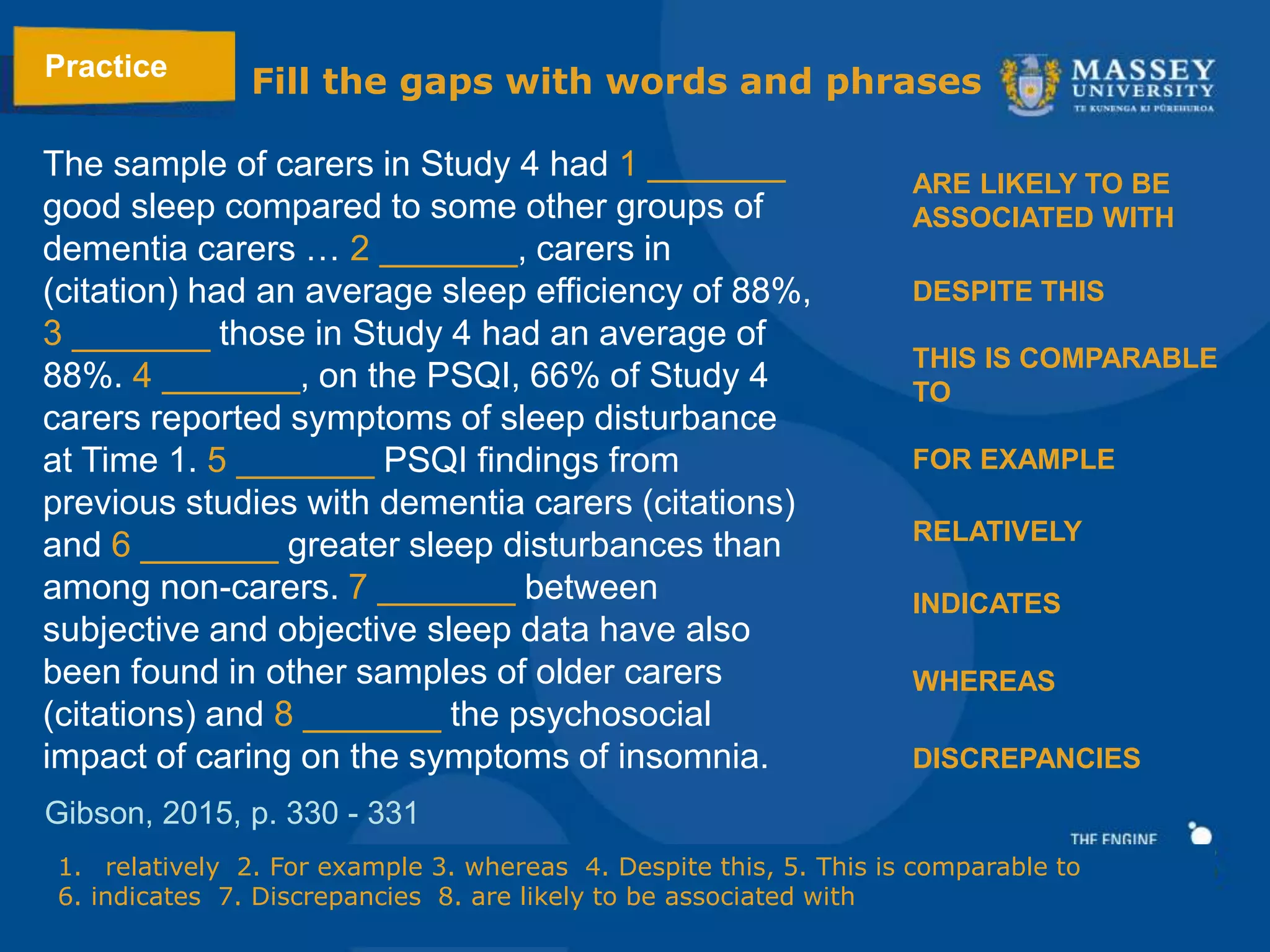 The sample of carers in Study 4 had 1 _______
good sleep compared to some other groups of
dementia carers … 2 _______, carers in
(citation) had an average sleep efficiency of 88%,
3 _______ those in Study 4 had an average of
88%. 4 _______, on the PSQI, 66% of Study 4
carers reported symptoms of sleep disturbance
at Time 1. 5 _______ PSQI findings from
previous studies with dementia carers (citations)
and 6 _______ greater sleep disturbances than
among non-carers. 7 _______ between
subjective and objective sleep data have also
been found in other samples of older carers
(citations) and 8 _______ the psychosocial
impact of caring on the symptoms of insomnia.
THIS IS COMPARABLE
TO
INDICATES
DESPITE THIS
WHEREAS
FOR EXAMPLE
ARE LIKELY TO BE
ASSOCIATED WITH
RELATIVELY
DISCREPANCIES
Gibson, 2015, p. 330 - 331
Practice
Fill the gaps with words and phrases
1. relatively 2. For example 3. whereas 4. Despite this, 5. This is comparable to
6. indicates 7. Discrepancies 8. are likely to be associated with
 