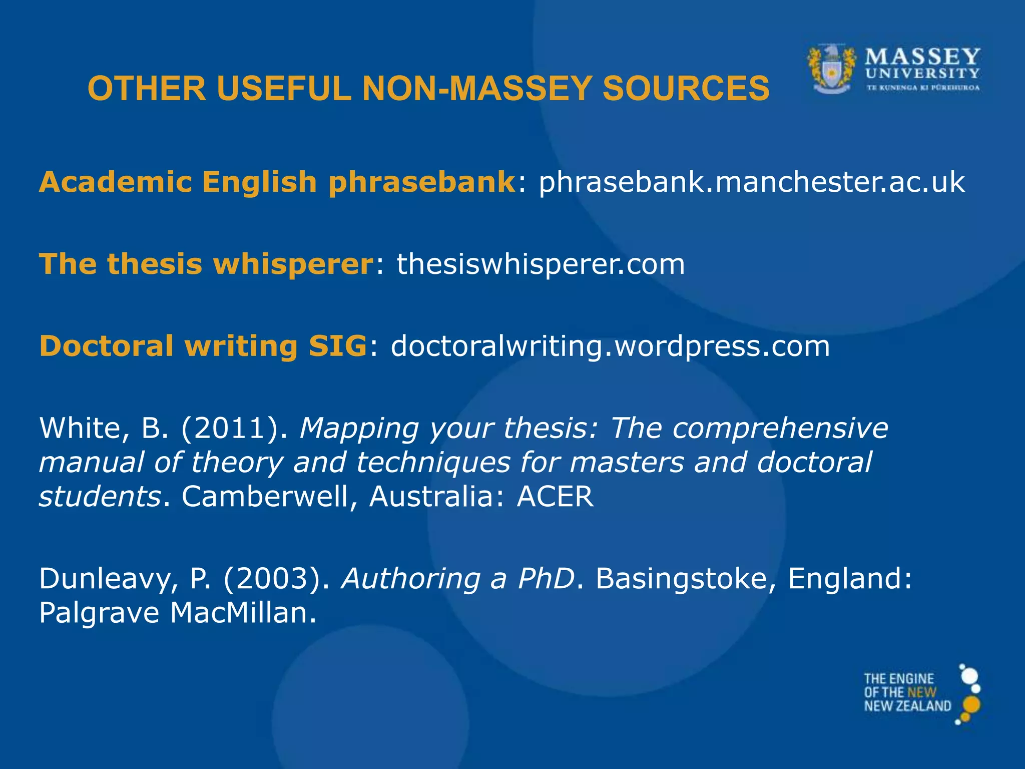 Academic English phrasebank: phrasebank.manchester.ac.uk
The thesis whisperer: thesiswhisperer.com
Doctoral writing SIG: doctoralwriting.wordpress.com
White, B. (2011). Mapping your thesis: The comprehensive
manual of theory and techniques for masters and doctoral
students. Camberwell, Australia: ACER
Dunleavy, P. (2003). Authoring a PhD. Basingstoke, England:
Palgrave MacMillan.
OTHER USEFUL NON-MASSEY SOURCES
 