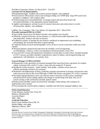 Wal-Mart Corporation Atlanta, GA March 2014 – Feb 2015
Customer Service Representative
● Responded promptly, handled and resolved customer inquiries and complaints
● Processed over 300 customer returns and exchanges totaling over $4500 daily using POS system and
keeping in compliance with company policy
● Worked among peers and administration to manage request and unresolved issued and
forwarded information to the appropriate internal departments
● Applied sound judgment and kept record of customer interaction and actions taken to resolve
all transactions, inquiries and complaints.
Uplifting The Community/ Elite Cafe Atlanta, GA September 2012 - March 2014
Personal Assistant 09/2012 to 11/2012
● Successfully closed out an old business location and acquired a new location
● Efficiently acquired all licenses for new business i.e. (food Permit, health inspections, fire
code inspections, business and sales tax license)
● Facilitated in project of opening the new business and played an implemental part establishing
and designing the restaurant from birth to grand opening.
● Conducted market research and demographic survey of area to create a menu that would cater to the
clientele
● Managed,planned, prepared and supervised all schedules, travel arrangements,
accommodations, contracts,written correspondence and documentation of the CEO
● Assessed CEO’s needs and requirements,formulated an action plan to achieve them, attended meetings
in CEO’s absence,provided a detailed comprehensive report of minutes and arranged meetings and
appointments with individuals on a priority basis
General Manager 11/2012 to 03/2014
● Managed day to day operations of restaurant managed front house/back house operations for medium
volume restaurant with a staff of 2 cooks, 1 prep cook and seating for 35 patrons
● Handled bi-weekly inventory, vendor relations, food quality, customer service and cost-
efficient purchasing of food to run restaurant
● Brainstorm and implemented all ideas, marketing strategies and material to promote and generate sales,
which increased sales by 80% from $500 daily to $900 with 60 days and gained 35% of new customers
● Developed and incorporated a more cost-effective menu to increase overall revenue, maintained
and operated POS system making updates and changes as needed along with daily close out of
system creating credit card batches and daily deposit reports
● Reduced and controlled expense by proactively managing vendor pricing and creating an in-
depth product price analysis
● Processed payroll, created reports,employee schedules and effectively managed employee time
Professional Education
Taylor Business Institute New York, NY
Business Administration
Associate Degree
2000 - 2002
Academic Education
Prism Career Institute Cherry Hill, NJ
Medical billing and coding
Diploma/Certificate 2009
SKILLS
Customer Service| Customer Care| Problem Management| Scheduling| Calendaring| Multitasking| Prioritizing| Advanced
Research| Light Accounting| Business Management| ProposalWriting| Grant Writing| Expense Reporting| Budgeting|
Travel Arrangements| Executive Administrative Functions| Microsoft Office Proficient| Internet Savvy| Management| Organized|
Detailed Oriented
 