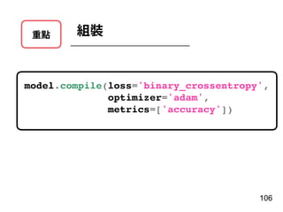 重點 組裝
106
model.compile(loss='binary_crossentropy',
optimizer='adam',
metrics=['accuracy'])
 