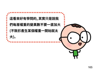 165
這看來好有學問的, 其實只是說我
們每層權重的變異數不要⼀直加⼤
(不致於產⽣某個權重⼀開始就太
⼤)。
 