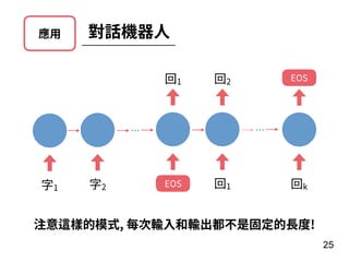 25
字1 字2
回1
EOS 回1
回2
回k
EOS
對話機器⼈應⽤
注意這樣的模式, 每次輸⼊和輸出都不是固定的⻑度!
 