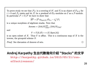 28
Andrej Karpathy ⽣出代數幾何介紹 "Stacks" 的⽂字
http://karpathy.github.io/2015/05/21/rnn-
effectiveness/
 