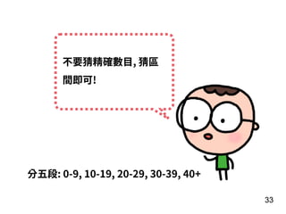 33
不要猜精確數⽬, 猜區
間即可!
分五段: 0-9, 10-19, 20-29, 30-39, 40+
 
