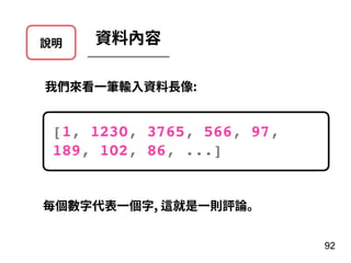 說明 資料內容
我們來看⼀筆輸⼊資料⻑像:
[1, 1230, 3765, 566, 97,
189, 102, 86, ...]
92
每個數字代表⼀個字, 這就是⼀則評論。
 