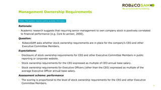 10
2017 Methodology
Review
Management Ownership Requirements
correlated to financial performance
Rationale:
• Academic research suggests that requiring senior management to own company stock is positively correlated
to financial performance (e.g. Core & Larcker, 2000).
Question:
• RobecoSAM asks whether stock ownership requirements are in place for the company’s CEO and other
Executive Committee Members.
Expectations:
• Disclosure of stock ownership requirements for CEO and other Executive Committee Members in public
reporting or corporate website.
• Stock ownership requirements for the CEO expressed as multiple of CEO annual base salary.
• Stock ownership requirements for Executive Officers (other than the CEO) expressed as multiple of the
average Executive Officer annual base salary.
Assessment scheme: performance
• The scoring is proportional to the level of stock ownership requirements for the CEO and other Executive
Committee Members.
Public: This question requires publicly available information
 