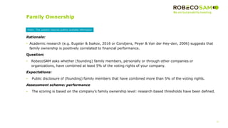 11
2017 Methodology
Review
Family Ownership
Rationale:
• Academic research (e.g. Eugster & Isakov, 2016 or Corstjens, Peyer & Van der Hey-den, 2006) suggests that
family ownership is positively correlated to financial performance.
Question:
• RobecoSAM asks whether (founding) family members, personally or through other companies or
organizations, have combined at least 5% of the voting rights of your company.
Expectations:
• Public disclosure of (founding) family members that have combined more than 5% of the voting rights.
Assessment scheme: performance
• The scoring is based on the company’s family ownership level: research based thresholds have been defined.
Public: This question requires publicly available information
 