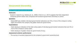 12
2017 Methodology
Review
Government Ownership
Rationale:
• Academic research (e.g. Goldeng et. al., 2008 or Chen et. al., 2017) suggests that fully independent
companies perform better than companies with excessive government ownership or control.
Question:
• RobecoSAM asks whether individual governmental institutions own 5% or more of the company’s voting
rights and whether the company has golden shares for governments.
Expectations:
• Public disclosure Indication of the total voting rights of individual governmental institutions that own 5% or
more of the company’s voting rights.
• Public disclosure of golden shares for governments (if any).
Assessment scheme: performance
• The scoring is inversely proportional to the company’s government ownership level.
Public: This question requires publicly available information
 