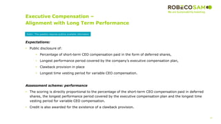 15
2017 Methodology
Review
Executive Compensation –
Alignment with Long Term Performance
Expectations:
• Public disclosure of:
• Percentage of short-term CEO compensation paid in the form of deferred shares,
• Longest performance period covered by the company’s executive compensation plan,
• Clawback provision in place
• Longest time vesting period for variable CEO compensation.
Assessment scheme: performance
• The scoring is directly proportional to the percentage of the short-term CEO compensation paid in deferred
shares, the longest performance period covered by the executive compensation plan and the longest time
vesting period for variable CEO compensation.
• Credit is also awarded for the existence of a clawback provision.
Public: This question requires publicly available information
 