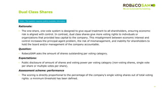 16
2017 Methodology
Review
Dual Class Shares
Rationale:
• The one-share, one-vote system is designed to give equal treatment to all shareholders, ensuring economic
risk is aligned with control. In contrast, dual class shares give more voting rights to individuals or
organizations that provided less capital to the company. This misalignment between economic interest and
control increases the principal-agent problem, the risk of mismanagement, and inability for shareholders to
hold the board and/or management of the company accountable.
Question:
• RobecoSAM asks the amount of shares outstanding per voting category.
Expectations:
• Public disclosure of amount of shares and voting power per voting category (non-voting shares, single vote
per share or multiple votes per share).
Assessment scheme: performance
• The scoring is directly proportional to the percentage of the company’s single voting shares out of total voting
rights: a minimum threshold has been defined.
Public: This question requires publicly available information
 