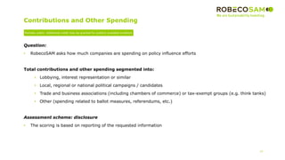 Contributions and Other Spending
19
Question:
• RobecoSAM asks how much companies are spending on policy influence efforts
Total contributions and other spending segmented into:
• Lobbying, interest representation or similar
• Local, regional or national political campaigns / candidates
• Trade and business associations (including chambers of commerce) or tax-exempt groups (e.g. think tanks)
• Other (spending related to ballot measures, referendums, etc.)
Assessment scheme: disclosure
• The scoring is based on reporting of the requested information
Partially public: Additional credit may be granted for publicly available evidence
 