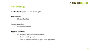 24
2017 Methodology
Review
Tax Strategy
The Tax Strategy criteria has been updated
New question
• Effective Tax Rate
Deleted question:
• Taxation Governance
Modified question:
• Tax Strategy (policy/principles/strategy)
• Public reporting required
• Specific elements of the tax policy have been listed
 