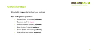 29
Climate Strategy
Climate Strategy criterion has been updated
New and updated questions:
• Management Incentives (updated)
• Scenario Analysis (new)
• Climate-related Targets (updated)
• Low-Carbon Products (updated)
• Scope 3 GHG Emissions (updated)
• Internal Carbon Pricing (updated)
 