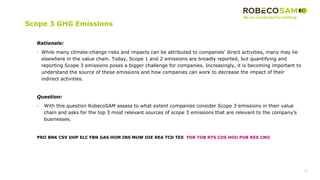 39
2017 Methodology
Review
Scope 3 GHG Emissions
Rationale:
• While many climate-change risks and impacts can be attributed to companies' direct activities, many may lie
elsewhere in the value chain. Today, Scope 1 and 2 emissions are broadly reported, but quantifying and
reporting Scope 3 emissions poses a bigger challenge for companies. Increasingly, it is becoming important to
understand the source of these emissions and how companies can work to decrease the impact of their
indirect activities.
Question:
• With this question RobecoSAM assess to what extent companies consider Scope 3 emissions in their value
chain and asks for the top 3 most relevant sources of scope 3 emissions that are relevant to the company’s
businesses.
PRO BNK CSV DHP ELC FBN GAS HOM INS MUW OIE REA TCD TEX FDR TOB RTS COS HOU PUB REX CNO
 