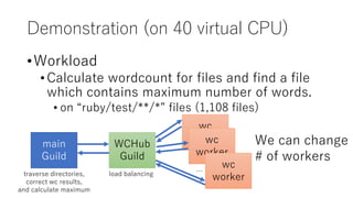 Demonstration (on 40 virtual CPU)
•Workload
•Calculate wordcount for files and find a file
which contains maximum number of words.
• on “ruby/test/**/*” files (1,108 files)
main
Guild
WCHub
Guild
wc
workerwc
worker
wc
worker
…load balancing
We can change
# of workers
traverse directories,
correct wc results,
and calculate maximum
 