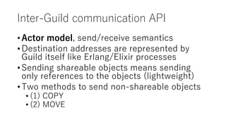 Inter-Guild communication API
•Actor model, send/receive semantics
•Destination addresses are represented by
Guild itself like Erlang/Elixir processes
•Sending shareable objects means sending
only references to the objects (lightweight)
•Two methods to send non-shareable objects
• (1) COPY
• (2) MOVE
 