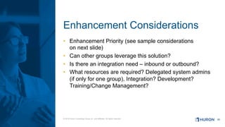 31© 2018 Huron Consulting Group Inc. and affiliates. All rights reserved.
Enhancement Considerations
•  Enhancement Priority (see sample considerations
on next slide)
•  Can other groups leverage this solution?
•  Is there an integration need – inbound or outbound?
•  What resources are required? Delegated system admins
(if only for one group), Integration? Development?
Training/Change Management?
 