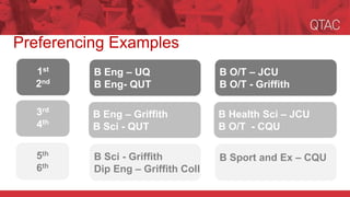 Preferencing Examples
B O/T – JCU
B O/T - Griffith
B Health Sci – JCU
B O/T - CQU
B Sport and Ex – CQU
1st
2nd
3rd
4th
5th
6th
B Eng – UQ
B Eng- QUT
B Eng – Griffith
B Sci - QUT
B Sci - Griffith
Dip Eng – Griffith Coll
 