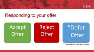 Accept
Offer
*Defer
Offer
Reject
Offer
Responding to your offer
*Available for selected courses
 
