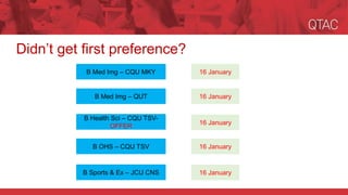 Didn’t get first preference?
B Sports & Ex – JCU CNS
B Med Img – CQU MKY
B OHS – CQU TSV 16 January
16 January
16 January
16 January
16 January
B Med Img – QUT
B Health Sci – CQU TSV-
OFFER
 
