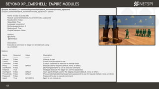 125 Confidential & Proprietary
BEYOND XP_CMDSHELL: EMPIRE MODULES
125
Module 3
 Example screenshot
(Empire: NCH9K51L) > usemodule powershell/lateral_movement/invoke_sqloscmd
(Empire: powershell/lateral_movement/invoke_sqloscmd) > options
Name: Invoke-SQLOSCMD
Module: powershell/lateral_movement/invoke_sqloscmd
NeedsAdmin: False
OpsecSafe: True
Language: powershell
MinLanguageVersion: 2
Background: True
OutputExtension: None
Authors:
@nullbind
@0xbadjuju
Description:
Executes a command or stager on remote hosts using
xp_cmdshell.
Options:
Name Required Value Description
---- -------- ------- -----------
Listener False Listener to use.
CredID False CredID from the store to use.
Command False Custom command to execute on remote hosts.
Proxy False default Proxy to use for request (default, none, or other).
UserName False [domain]username to use to execute command.
Instance True Host[s] to execute the stager on, comma separated.
UserAgent False default User-agent string to use for the staging request (default, none, or other).
ProxyCreds False default Proxy credentials ([domain]username:password) to use for request (default, none, or other).
Password False Password to use to execute command.
Agent True NCH9K51L Agent to run module on.
 