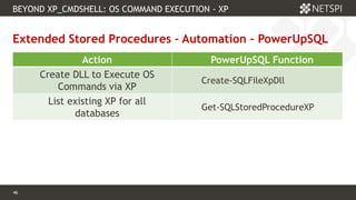 46 Confidential & Proprietary
46
Extended Stored Procedures – Automation – PowerUpSQL
BEYOND XP_CMDSHELL: OS COMMAND EXECUTION - XP
Action PowerUpSQL Function
Create DLL to Execute OS
Commands via XP
Create-SQLFileXpDll
List existing XP for all
databases
Get-SQLStoredProcedureXP
 