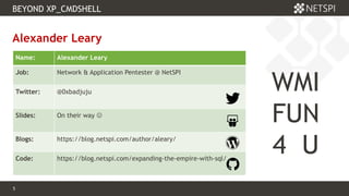 5 Confidential & Proprietary
BEYOND XP_CMDSHELL
5
Alexander Leary
Name: Alexander Leary
Job: Network & Application Pentester @ NetSPI
Twitter: @0xbadjuju
Slides: On their way 
Blogs: https://blog.netspi.com/author/aleary/
Code: https://blog.netspi.com/expanding-the-empire-with-sql/
WMI
FUN
4 U
 