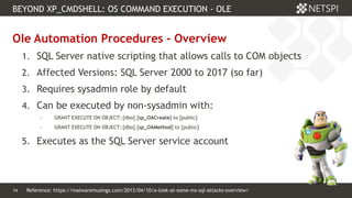 74 Confidential & Proprietary
BEYOND XP_CMDSHELL: OS COMMAND EXECUTION - OLE
74
Ole Automation Procedures - Overview
1. SQL Server native scripting that allows calls to COM objects
2. Affected Versions: SQL Server 2000 to 2017 (so far)
3. Requires sysadmin role by default
4. Can be executed by non-sysadmin with:
 GRANT EXECUTE ON OBJECT::[dbo].[sp_OACreate] to [public]
 GRANT EXECUTE ON OBJECT::[dbo].[sp_OAMethod] to [public]
5. Executes as the SQL Server service account
Reference: https://malwaremusings.com/2013/04/10/a-look-at-some-ms-sql-attacks-overview/
 