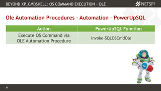 80 Confidential & Proprietary
BEYOND XP_CMDSHELL: OS COMMAND EXECUTION - OLE
80
Ole Automation Procedures – Automation – PowerUpSQL
Action PowerUpSQL Function
Execute OS Command via
OLE Automation Procedure
Invoke-SQLOSCmdOle
 