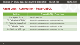 98 Confidential & Proprietary
BEYOND XP_CMDSHELL: OS COMMAND EXECUTION – AGENT JOB
98
Agent Jobs – Automation - PowerUpSQL
Action PowerUpSQL Function
List Agent Jobs Get-SQLAgentJob
OS CMD via CMDEXEC Invoke-SQLOSCmdAgentJob –SubSystem CMDEXEC
OS CMD via PowerShell Invoke-SQLOSCmdAgentJob –SubSystem PowerShell
OS CMD via JScript Invoke-SQLOSCmdAgentJob –SubSystem Jscript
OS CMD via VBScript Invoke-SQLOSCmdAgentJob –SubSystem VBScript
 