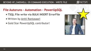 113 Confidential & Proprietary
113
File Autoruns – Automation - PowerUpSQL
 TSQL File write via BULK INSERT ErrorFile
 Written by Antti Rantasaari
 Gold Star PowerUpSQL contributor!
BEYOND XP_CMDSHELL: OS COMMAND EXECUTION - WRITE FILE
 