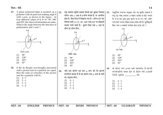SET - 03 ENGLISH PHYSICS SET - 03 HINDI PHYSICS SET - 03 GUJARATI PHYSICS
Set - 03 14
23. A plane polarized light is incident on a
polariser with its pass axis making angle θ
with x-axis, as shown in the figure. At
four different values of θ, θ=8, 38, 188
and 218, the observed intensities are same.
What is the angle between the direction of
polarization and x-axis ?
(1) 98
(2) 128
(3) 203
(4) 45
24. If the de Broglie wavelengths associated
with a proton and an α-particle are equal,
then the ratio of velocities of the proton
and the α-particle will be :
(1) 4 : 1
(2) 2 : 1
(3) 1 : 2
(4) 1 : 4
23. ∞∑§ ‚◊Ã‹ œ˝ÈÁﬂÃ ¬˝∑§Ê‡Ê Á∑§‚Ë ∞∑§ œ˝Èﬂ∑§ Á¡‚∑§Ê
¬ÊÁ⁄UÃ-•ˇÊ x-•ˇÊ ‚ θ ∑§ÊáÊ ’ŸÊÃÊ „Ò, ¬⁄U •Ê¬ÁÃÃ
„ÊÃÊ „Ò, ¡Ò‚Ê ÁøòÊ ◊¥ ÁŒπÊÿÊ ªÿÊ „Ò– ∑§ÊáÊ θ ∑§ øÊ⁄U
ÁﬂÁ÷ÛÊ ◊ÊŸÊ¥, θ=8, 38, 188 ÃÕÊ218 ¬⁄U ÃËﬂ˝ÃÊÿ¥
’⁄UÊ’⁄U ¬ÊÿË ¡ÊÃË „Ò¥– œ˝ÈﬂáÊ ÁŒ‡ÊÊ ÃÕÊ x-•ˇÊ ∑§
’Ëø ∑§Ê ∑§ÊáÊ „ÊªÊ —
(1) 98
(2) 128
(3) 203
(4) 45
24. ÿÁŒ ∞∑§ ¬˝Ê≈UÊÚŸ ∞ﬂ¥ ∞∑§ α-∑§áÊ ∑§Ë Á«U-’˝ÊÇ‹Ë
Ã⁄¥UªŒÒäÿ¸ ’⁄UÊ’⁄U „Ò¥ ÃÊ ß‚ ¬˝Ê≈UÊÚŸ ÃÕÊ α-∑§áÊ ∑§ ﬂªÊ¥
∑§Ê •ŸÈ¬ÊÃ „ÊªÊ —
(1) 4 : 1
(2) 2 : 1
(3) 1 : 2
(4) 1 : 4
23. ApL©$rsdp„ bspìep A_ykpf A¡L$ sg ^°yhue âL$pi_¡ L¡$
S¡_y„ v$L$¹$-An kdsg x-An_¡ kp`¡n θ L$p¡Z¡ b_ph¡
R¡. θ _p Qpf Syv$p-Syv$p d|ëep¡ `f θ=8, 38, 188
A_¡218 fpMsp suh°sp kdp_ Å¡hp dm¡ R¡. ^y°huc|s_u
qv$ip A_¡ x-An_u hÃQ¡_p¡ L$p¡Z L¡$V$gp¡ li¡ ? $
(1) 98
(2) 128
(3) 203
(4) 45
24. Å¡ âp¡V$p¡_ A_¡ α-L$Z kp¡ k„L$mpe¡g X$u-b°p¡Águ
sf„Ng„bpCAp¡ kdp_ lp¡e sp¡ âp¡V$p¡_ A_¡ α-L$Z_u
h¡Np¡_p¡ NyZp¡Ñf __________ li¡.
(1) 4 : 1
(2) 2 : 1
(3) 1 : 2
(4) 1 : 4
 