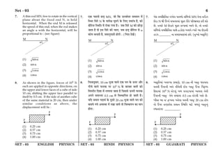 SET - 03 ENGLISH PHYSICS SET - 03 HINDI PHYSICS SET - 03 GUJARATI PHYSICS
Set - 03 6
7. A thin rod MN, free to rotate in the vertical
plane about the fixed end N, is held
horizontal. When the end M is released
the speed of this end, when the rod makes
an angle α with the horizontal, will be
proportional to : (see figure)
(1) sinα
(2) sin α
(3) cosα
(4) cosα
8. As shown in the figure, forces of 105 N
each are applied in opposite directions, on
the upper and lower faces of a cube of side
10 cm, shifting the upper face parallel to
itself by 0.5 cm. If the side of another cube
of the same material is 20 cm, then under
similar conditions as above, the
displacement will be :
(1) 0.25 cm
(2) 0.37 cm
(3) 0.75 cm
(4) 1.00 cm
7. ∞∑§ ¬Ã‹Ë ¿U«∏ MN, ¡Ê Á∑§ ™§äﬂÊ¸œ⁄U ‚◊Ã‹ ◊¥
ÁSÕ⁄U Á‚⁄U N ∑§ ‚Ê¬ˇÊ ÉÊÍ◊Ÿ ∑§ Á‹∞ SﬂÃ¥òÊ „Ò, ∑§Ê
ˇÊÒÁÃ¡ ÁSÕÁÃ ◊¥ ⁄UÊ∑§Ê ªÿÊ „Ò– ¡’ Á‚⁄U M ∑§Ê ¿UÊ«∏Ê
¡ÊÃÊ „Ò ÃÊ ß‚ Á‚⁄U ∑§Ë øÊ‹, ¡’ ¿U«∏ ˇÊÒÁÃ¡ ‚ α
∑§ÊáÊ ’ŸÊÃË „Ò, ‚◊ÊŸÈ¬ÊÃË „ÊªË — (ÁøòÊ Œπ¥)
(1) sinα
(2) sin α
(3) cosα
(4) cosα
8. ÁøòÊÊŸÈ‚Ê⁄U, 10 cm ÷È¡Ê ﬂÊ‹ ∞∑§ ÉÊŸ ∑§ ™§¬⁄U •ÊÒ⁄U
ŸËø ﬂÊ‹ »§‹∑§ ¬⁄U 105 N ∑§ ’⁄UÊ’⁄U ’‹Ê¥ ∑§Ê
Áﬂ¬⁄UËÃ ÁŒ‡ÊÊ ◊¥ ‹ªÊÿÊ ¡ÊÃÊ „Ò Á¡‚‚ ™§¬⁄UË »§‹∑§
•¬Ÿ ‚◊ÊãÃ⁄U 0.5 cm ‚ ÁﬂSÕÊÁ¬Ã „Ê ¡ÊÃË „Ò–
ÿÁŒ ‚◊ÊŸ ¬ŒÊÕ¸ ∑§ ŒÍ‚⁄U 20 cm ÷È¡Ê ﬂÊ‹ ÉÊŸ ∑§Ê
’ÃÊÿ ªÿ •ﬂSÕÊ ◊¥ ⁄UπÊ ¡Êÿ ÃÊ ÁﬂSÕÊ¬Ÿ ∑§Ê ◊ÊŸ
„ÊªÊ —
(1) 0.25 cm
(2) 0.37 cm
(3) 0.75 cm
(4) 1.00 cm
7. A¡L$ kdrnrsS fpM¡g `psmp¡ krmep¡ MN s¡_p SqX$s
R¡X$p N u DÝh® kdsgdp„ dy¼s fus¡ `qfc°dZ L$fu iL¡$
R¡. Äepf¡ M R¡X$p_¡ dy¼s L$fhpdp„ Aph¡ R¡, sp¡ Äepf¡
krmep¡ kdrnrsS kp¡ α L$p¡Z b_ph¡ Ðepf¡ Ap R¡X$p_u
TX$` ________ _p kdâdpZdp„ li¡. (SyAp¡ ApL©$rs)
(1) sinα
(2) sin α
(3) cosα
(4) cosα
8. ApL©$rsdp„ bspìep âdpZ¡, 10 cm _u bpSy ^fphsp
O__u D`f_u A_¡ _uQ¡_u v$f¡L$ bpSy D`f rhê$Ý^
qv$ipdp„ 105 N S¡V$gy„ bm gNpX$hpdp„ Aphsp s¡_u
D`f_u bpSy s¡_¡ kdp„sf 0.5 cm S¡V$gu Mk¡ R¡.
buÅ Ap S Öìe_p b_¡gp O__u bpSy 20 cm lp¡e
sp¡ D`f SZph¡g kdp_ [õrs dpV¡$ dmsy„ bpSy_y„
õp_p„sf __________.
(1) 0.25 cm
(2) 0.37 cm
(3) 0.75 cm
(4) 1.00 cm
 