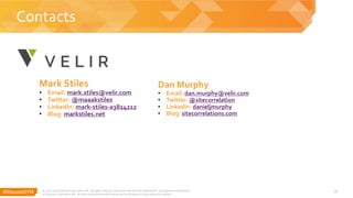 #SitecoreSYM 16
Contacts
© 2001-2018 Sitecore Corporation A/S. All rights reserved. Sitecore® and Own the Experience® are registered trademarks
of Sitecore Corporation A/S. All other brand and product names are the property of their respective owners.
Mark Stiles
• Email: mark.stiles@velir.com
• Twitter: @maaakstiles
• LinkedIn: mark-stiles-a3814212
• Blog: markstiles.net
Dan Murphy
• Email: dan.murphy@velir.com
• Twitter: @sitecorrelation
• LinkedIn: danieljmurphy
• Blog: sitecorrelations.com
 