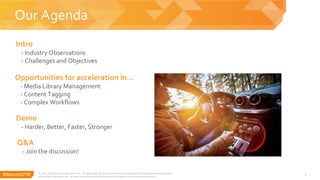 #SitecoreSYM 3
Our Agenda
© 2001-2018 Sitecore Corporation A/S. All rights reserved. Sitecore® and Own the Experience® are registered trademarks
of Sitecore Corporation A/S. All other brand and product names are the property of their respective owners.
Intro
- Industry Observations
- Challenges and Objectives
Opportunities for acceleration in…
- Media Library Management
- Content Tagging
- Complex Workflows
Demo
- Harder, Better, Faster, Stronger
Q&A
- Join the discussion!
 