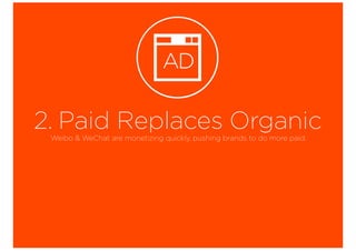 2. Paid Replaces OrganicWeibo & WeChat are monetizing quickly, pushing brands to do more paid.
AD
 