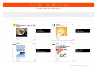 WECHAT “MOMENTS” ADS
Formats - For the social stream
FOLLOW
ACCOUNTS
APP
DOWNLOADS
BRAND/
CAMPAIGNS
COUPONS/
PROMOS
Source: WeChat Ad Booking System
 