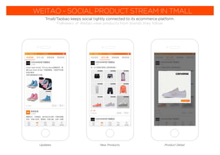 Tmall/Taobao keeps social tightly connected to its ecommerce platform.
Followers of Weitao view products from brands they follow.
WEITAO - SOCIAL PRODUCT STREAM IN TMALL
Product DetailNew ProductsUpdates
 