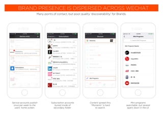 BRAND PRESENCE IS DISPERSED ACROSS WECHAT
Service accounts publish
once per week to the
users’ home screen.
Subscription accounts
buried inside of
secondary folder.
Content spread thru
“Moments” is hard
to search.
Mini-programs
searchable...but several
layers down in the UI.
Many points of contact, but poor quality ‘discoverability’ for Brands.
 