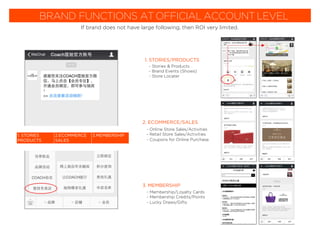 BRAND FUNCTIONS AT OFFICIAL ACCOUNT LEVEL
- Stories & Products
- Brand Events (Shows)
- Store Locater
1. STORIES/PRODUCTS
- Online Store Sales/Activities
- Retail Store Sales/Activities
- Coupons for Online Purchase
2. ECOMMERCE/SALES
- Membership/Loyalty Cards
- Membership Credits/Points
- Lucky Draws/Gifts
3. MEMBERSHIP
3.
1. STORIES
PRODUCTS
2.ECOMMERCE
SALES
3.MEMBERSHIP
If brand does not have large following, then ROI very limited.
 