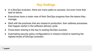 Key findings
7
● In a DevOps evolution, there are many paths to success, but even more that
lead to failure.
● Executives have a rosier view of their DevOps progress than the teams they
manage.
● Start with the practices that are closest to production; then address processes
that happen earlier in the software delivery cycle.
● Cross-team sharing is the key to scaling DevOps success.
● Automating security policy configurations is mission-critical to reaching the
highest levels of DevOps evolution.
 