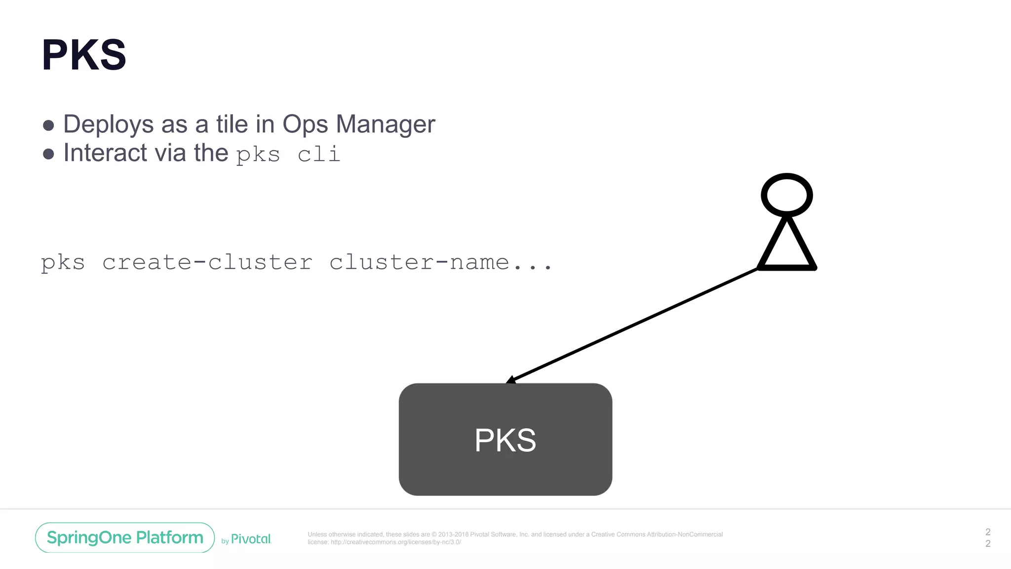 Unless otherwise indicated, these slides are © 2013-2018 Pivotal Software, Inc. and licensed under a Creative Commons Attribution-NonCommercial
license: http://creativecommons.org/licenses/by-nc/3.0/
PKS
● Deploys as a tile in Ops Manager
● Interact via the pks cli
pks create-cluster cluster-name...
2
2
PKS
 