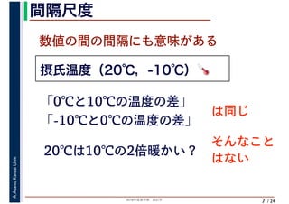2018年度春学期　統計学
A.Asano,KansaiUniv.
/ 24
間隔尺度
7
摂氏温度（20℃，-10℃）🌡🌡
数値の間の間隔にも意味がある
「0℃と10℃の温度の差」
「-10℃と0℃の温度の差」
は同じ
20℃は10℃の2倍暖かい？
そんなこと
はない
 