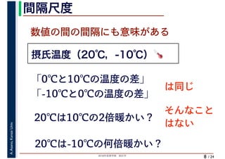2018年度春学期　統計学
A.Asano,KansaiUniv.
/ 24
間隔尺度
8
摂氏温度（20℃，-10℃）🌡🌡
数値の間の間隔にも意味がある
「0℃と10℃の温度の差」
「-10℃と0℃の温度の差」
は同じ
20℃は10℃の2倍暖かい？
そんなこと
はない
20℃は-10℃の何倍暖かい？
 
