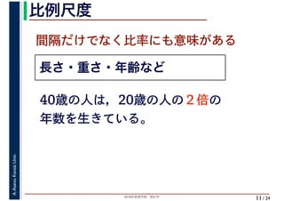 2018年度春学期　統計学
A.Asano,KansaiUniv.
/ 24
比例尺度
11
長さ・重さ・年齢など
間隔だけでなく比率にも意味がある
40歳の人は，20歳の人の２倍の
年数を生きている。
 