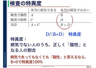2018年度春学期　統計学
A.Asano,KansaiUniv.
/ 24
検査の特異度
18
特異度：
病気でない人のうち，正しく「陰性」と
なる人の割合
D/(B+D)　特異度
本当に病気である 本当は病気ではない
検査で陽性 A B
検査で陰性 C D
合計 A + C B + D
病気であってもなくても「陰性」と答えるなら，
B=0で特異度100%
 