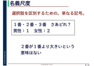 2018年度春学期　統計学
A.Asano,KansaiUniv.
/ 24
名義尺度
5
１番・２番・３番　さあどれ？
選択肢を区別するための，単なる記号。
男性：１　女性：２
２番が１番より大きいという
意味はない
 