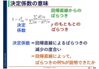 2018年度春学期　統計学
A.Asano,KansaiUniv.
27 –
決定係数の意味
24
回帰直線からの
ばらつき
1 − r2
xy =
d2
i /n
(yi − ¯y)2/n
決定
係数
y のもともとの
ばらつき
決定係数 ＝回帰直線によるばらつきの
　減少の度合い
＝回帰直線によって，
　ばらつきの何%が説明できたか
 