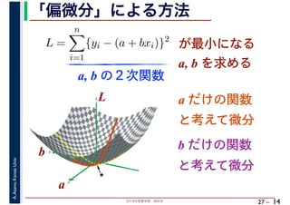 2018年度春学期　統計学
A.Asano,KansaiUniv.
27 –
「偏微分」による方法
14
L =
n
i=1
{yi − (a + bxi)}2
が最小になる
a, b を求める
a, b の２次関数
a
b
L
★
a
b
L a だけの関数
と考えて微分
b だけの関数
と考えて微分
 